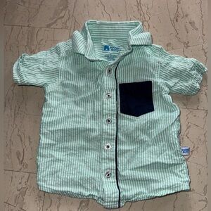 Baby Boy RUGGED BUTTS green White Striped Button Down S/s Shirt Sz 12-18 Month